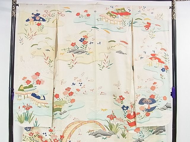 平和屋本店■希少 夏物 アンティーク 大正ロマン 振袖 絽 駒刺繍 渡橋風景花文 金彩 逸品 DZAA1188kh4