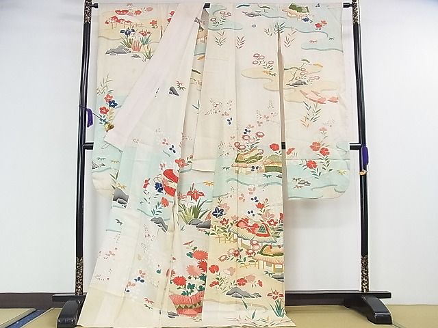 平和屋本店■希少 夏物 アンティーク 大正ロマン 振袖 絽 駒刺繍 渡橋風景花文 金彩 逸品 DZAA1188kh4