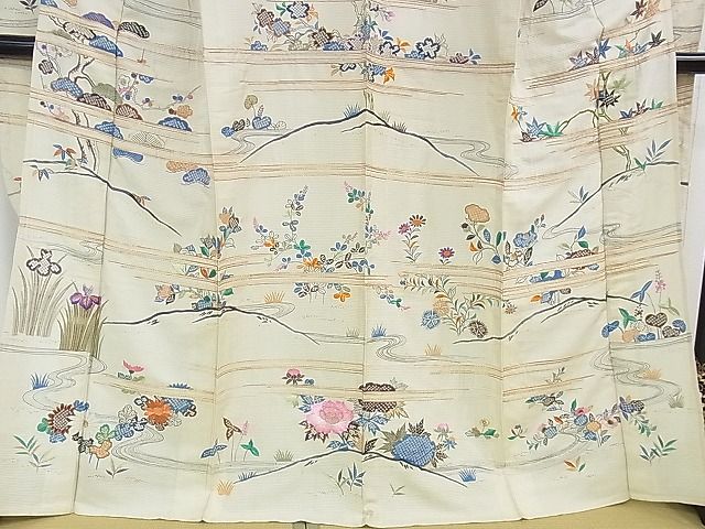 平和屋本店■希少 夏物 アンティーク 大正ロマン 振袖 絽 駒刺繍 手刺繍 流水花文 金銀彩 逸品 DZAA1189kh4