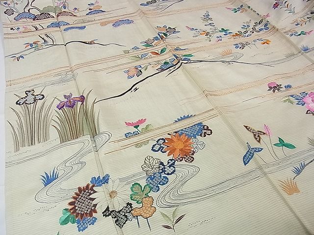 平和屋本店■希少 夏物 アンティーク 大正ロマン 振袖 絽 駒刺繍 手刺繍 流水花文 金銀彩 逸品 DZAA1189kh4