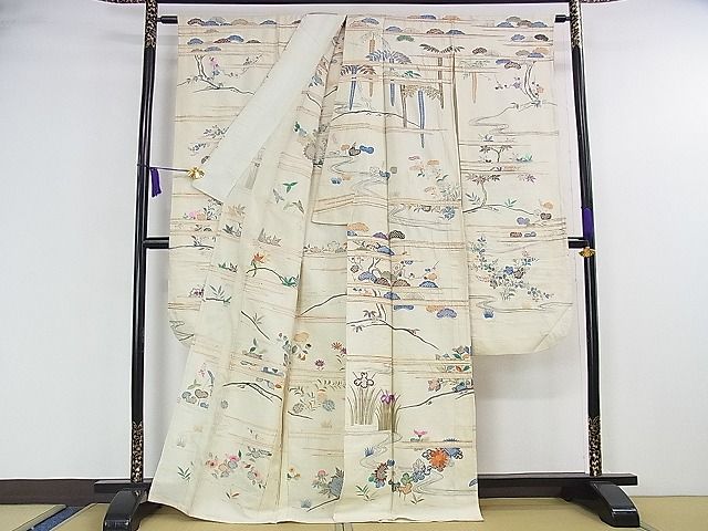 平和屋本店■希少 夏物 アンティーク 大正ロマン 振袖 絽 駒刺繍 手刺繍 流水花文 金銀彩 逸品 DZAA1189kh4