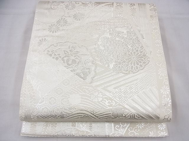 平和屋着物◎六通柄袋帯 扇面雪輪花文 銀糸 逸品 BAAF3819fk