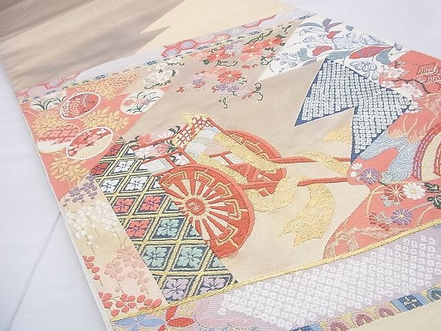 平和屋着物◎太鼓柄袋帯 唐織 御所車花文 金糸 逸品 BAAF9217du