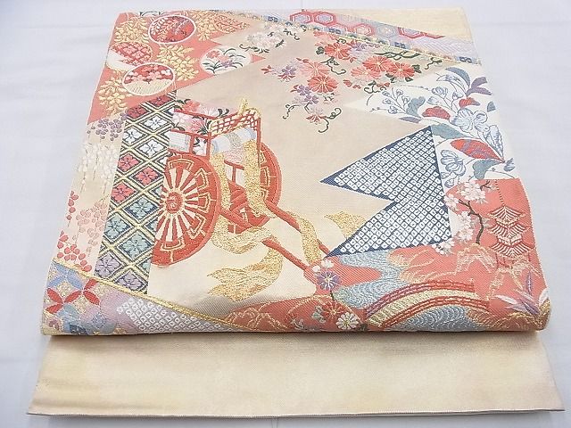 平和屋着物◎太鼓柄袋帯 唐織 御所車花文 金糸 逸品 BAAF9217du