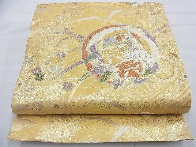 平和屋着物◎佐賀錦 六通柄袋帯 唐織 双鶴花丸文 金糸 逸品 BAAF9261du