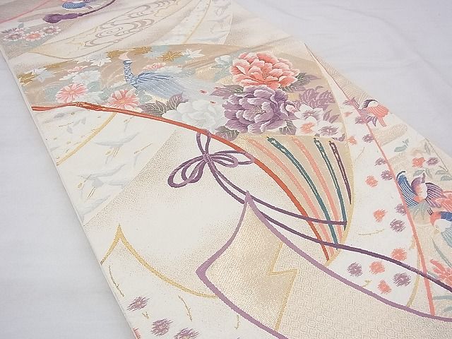平和屋着物◎六通柄袋帯 唐織 扇緬孔雀文 金糸 逸品 BAAF3884fk