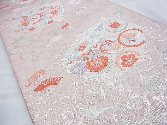 平和屋着物◎六通柄袋帯 唐織 光悦古代錦 花鳥糸巻き文 銀糸 逸品 BAAF9283du