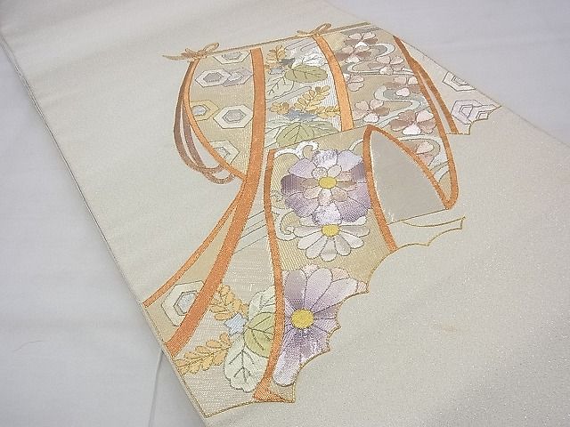 平和屋着物◎佐賀錦 太鼓柄袋帯 駒刺繍 几帳花唐草文 金銀糸 逸品 BAAF3974fk