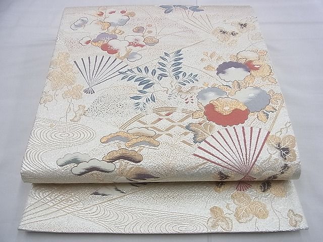 平和屋着物◎六通柄袋帯 唐織 扇面草花文 金銀糸 逸品 BAAF9375du
