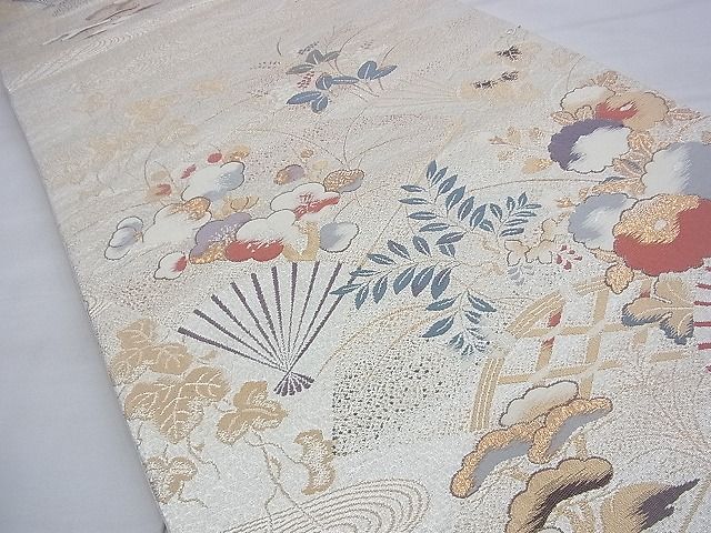 平和屋着物◎六通柄袋帯 唐織 扇面草花文 金銀糸 逸品 BAAF9375du