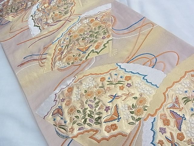平和屋着物◎六通柄袋帯 唐織 檜扇散らし花蝶文 金銀糸 逸品 BAAF6963ow