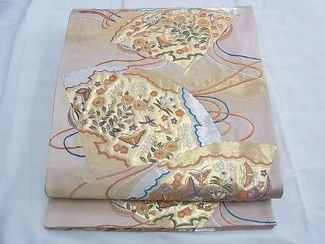 平和屋着物◎六通柄袋帯 唐織 檜扇散らし花蝶文 金銀糸 逸品 BAAF6963ow