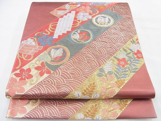 平和屋着物◎六通柄袋帯 唐織 斜め短冊花蝶文 金銀糸 逸品 BAAF2916kj