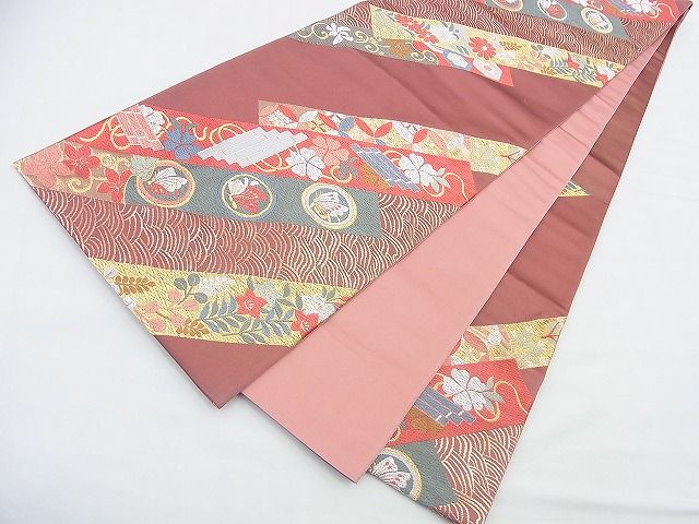 平和屋着物◎六通柄袋帯 唐織 斜め短冊花蝶文 金銀糸 逸品 BAAF2916kj