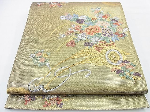 平和屋着物◎太鼓柄袋帯 秋草花車文 金糸 引箔 逸品 BAAF2922kj
