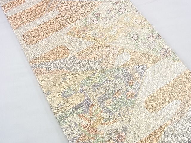 平和屋着物◎宝珠本佐賀錦 六通柄袋帯 エ霞色紙花鳥文 金糸 逸品 BAAF2941kj