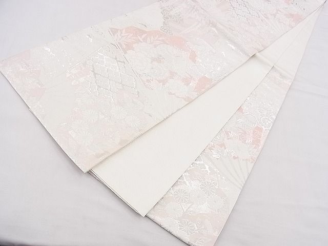 平和屋着物◎六通柄袋帯 唐織 扇面鴛鴦花文 銀糸 逸品 BAAF2991kj