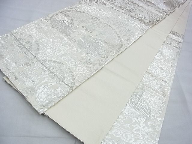 平和屋着物◎六通柄袋帯 向かい孔雀花唐草文 銀糸 逸品 BAAG2719du
