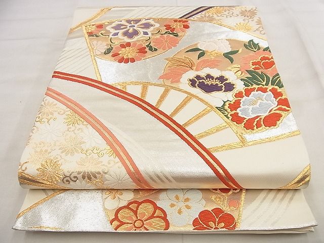 平和屋着物◎六通柄袋帯 唐織 扇面草花文 金銀糸 逸品 BAAG0903qt