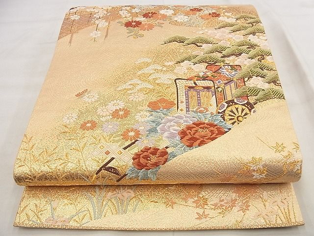 平和屋着物◎六通柄袋帯 唐織 御所車花文 金糸 逸品 BAAG0904qt
