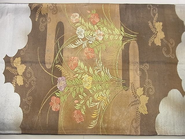 平和屋着物◎太鼓柄袋帯 唐織 草花文 金糸 引箔 逸品 BAAG0877qt