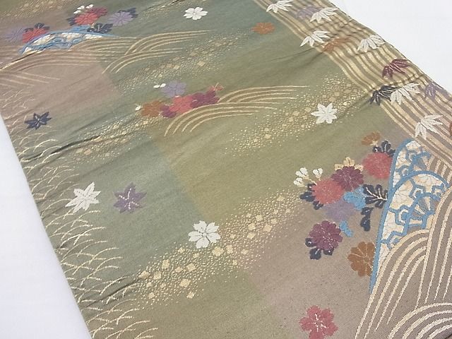 平和屋着物◎六通柄袋帯 唐織 片輪車草花文 金糸 逸品 BAAF7730ea