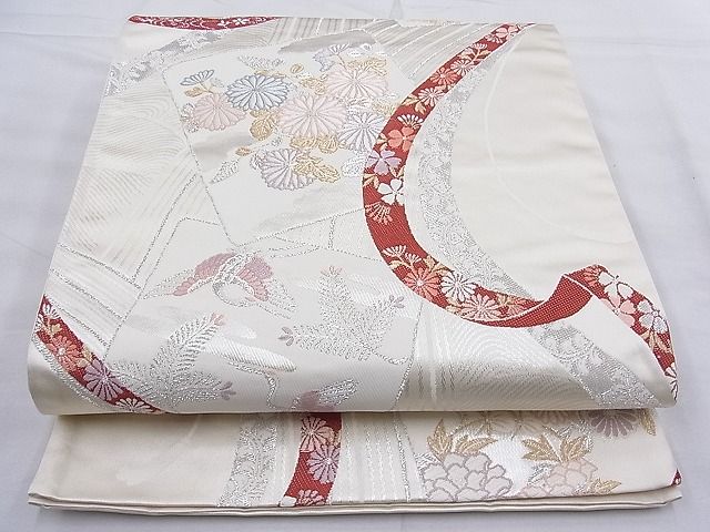 平和屋着物◎六通柄袋帯 唐織 鬘帯色紙飛鶴花文 金銀糸 逸品 BAAG3272xa
