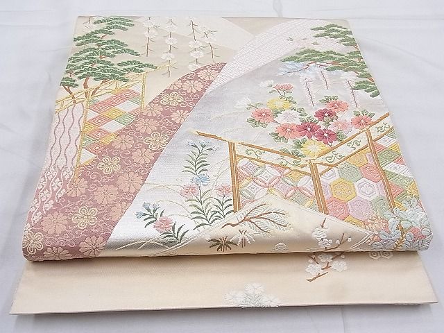 平和屋着物◎太鼓柄袋帯 唐織 四季草花文 金糸 逸品 BAAG3288xa