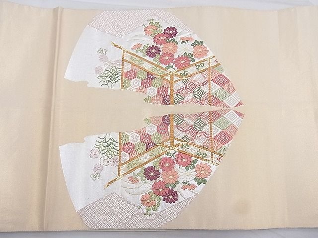 平和屋着物◎太鼓柄袋帯 唐織 四季草花文 金糸 逸品 BAAG3288xa