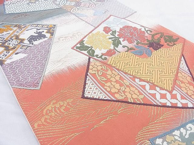 平和屋着物◎六通柄袋帯 唐錦 名物裂色紙文 金糸 逸品 BAAG3297xa