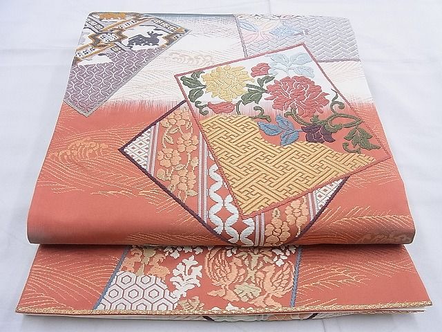 平和屋着物◎六通柄袋帯 唐錦 名物裂色紙文 金糸 逸品 BAAG3297xa