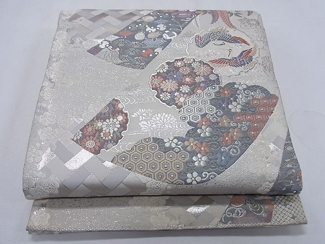 平和屋着物◎六通柄袋帯 唐織 雪輪向かい鳥草花文 銀糸 逸品 CAAF8866pn