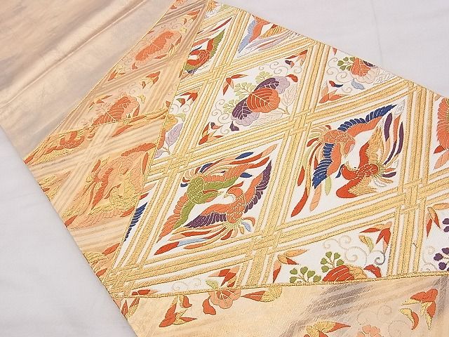 平和屋着物◎六通柄袋帯 唐織 向かい鳳凰菱切嵌文様 金糸 逸品 BAAF5371th