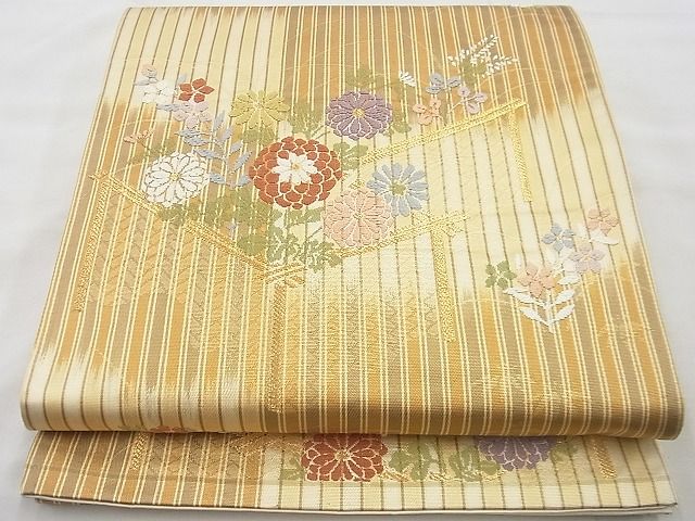 平和屋着物◎六通柄袋帯 唐織 竹垣菊文 金糸 逸品 BAAG4438th