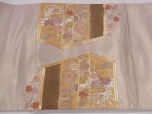 平和屋着物◎太鼓柄袋帯 駒刺繍 飛鶴御所車花文 金糸 逸品 CAAF0703dy