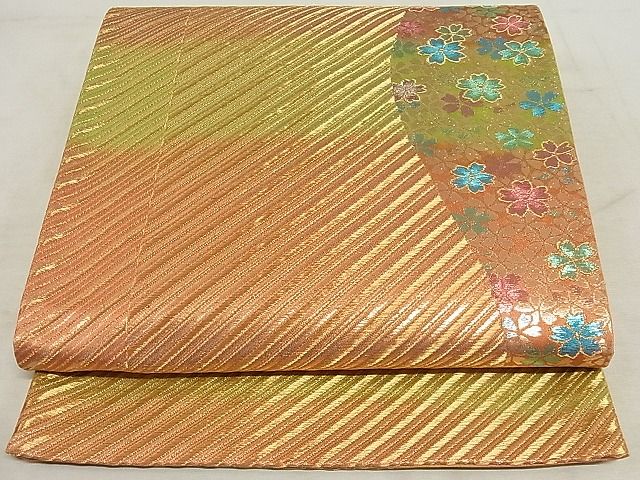 平和屋着物◎両面六通柄袋帯 斜縞 流水花文 金糸 正絹 逸品 AAAH6657Asx