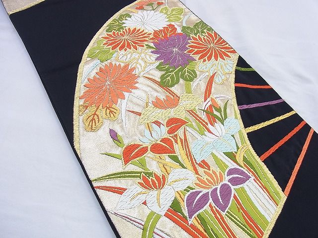平和屋着物◎六通柄袋帯 唐織 扇面花文 黒地 金銀糸 逸品 BAAF0882jm