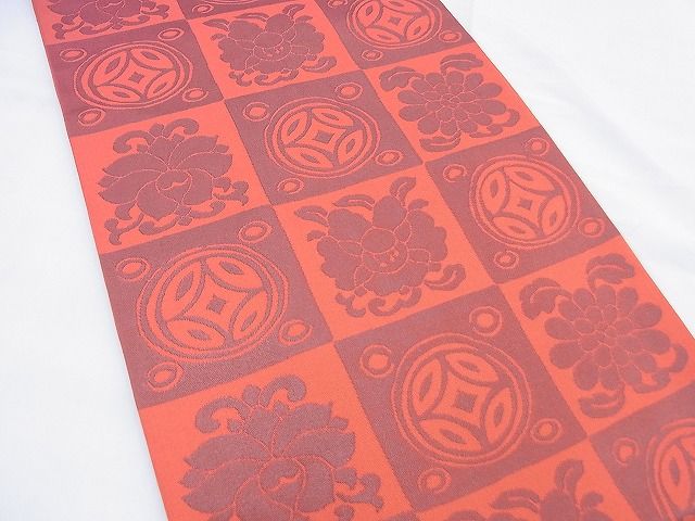 平和屋着物◎六通柄 本袋帯 市松花文 逸品 BAAF0898jm