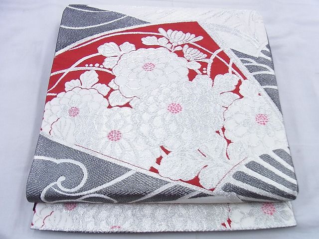 平和屋着物◎六通柄袋帯 唐織 扇面花文 銀糸 逸品 BAAG0459jm