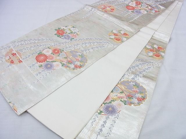 平和屋着物◎六通柄袋帯 唐織 雪輪枝垂れ柳花丸文 金銀糸 逸品 BAAG0504jm