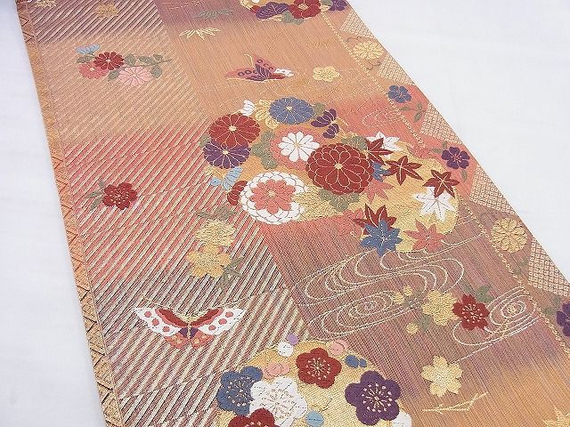 平和屋着物◎六通柄袋帯 唐織 舞蝶花丸文 金糸 逸品 BAAG0515jm