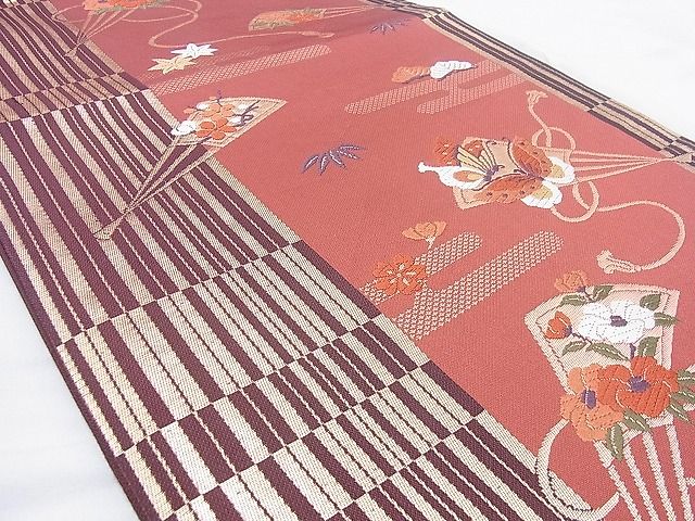 平和屋着物◎六通柄袋帯 唐織 エ霞扇面花蝶文 金糸 逸品 BAAG3359xa
