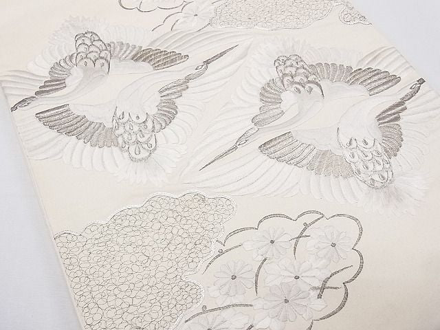 平和屋着物■袋帯 総刺繍 駒刺繍 双鶴雲取り花文 銀糸 逸品 CAAG0097fb