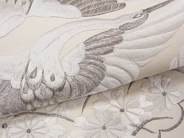 平和屋着物■袋帯 総刺繍 駒刺繍 双鶴雲取り花文 銀糸 逸品 CAAG0097fb