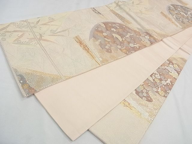 平和屋着物◎六通柄袋帯 流水扇面吉祥花松文 金銀糸 逸品 CAAE9831yk