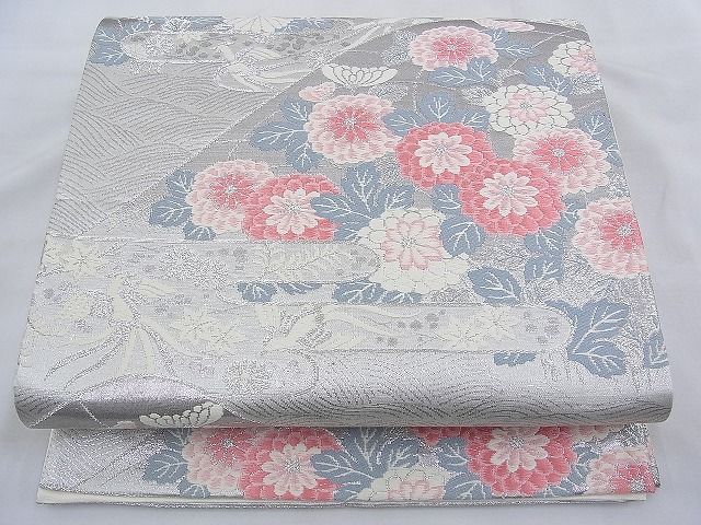 平和屋着物◎六通柄袋帯 エ霞遠山花文 銀糸 逸品 BAAF2029iy