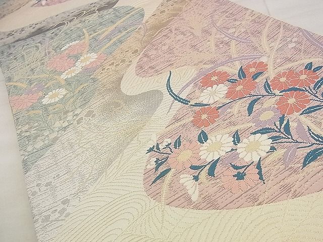 平和屋着物◎六通柄袋帯 唐織 流水秋草文 金糸 逸品 BAAF2157iy