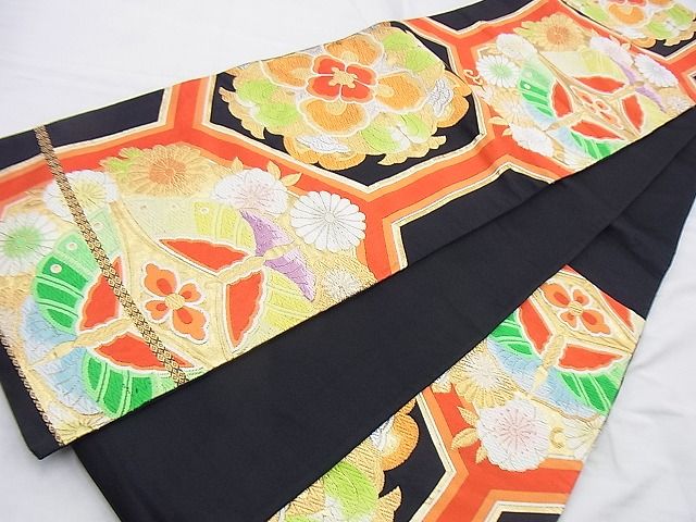 平和屋着物◎六通柄袋帯 唐織 向かい蝶亀甲花文 黒地 金銀糸 逸品 BAAH0072ow