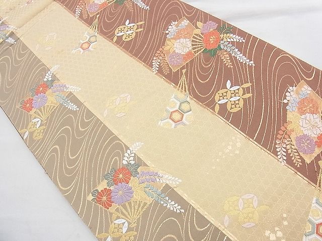 平和屋着物◎六通柄袋帯 唐織 扇面散らし花文 金糸 逸品 BAAH0109ow