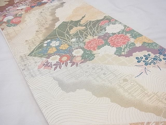 平和屋着物◎六通柄袋帯 唐織 色紙重ね秋草文 金銀糸 逸品 BAAG7989fk